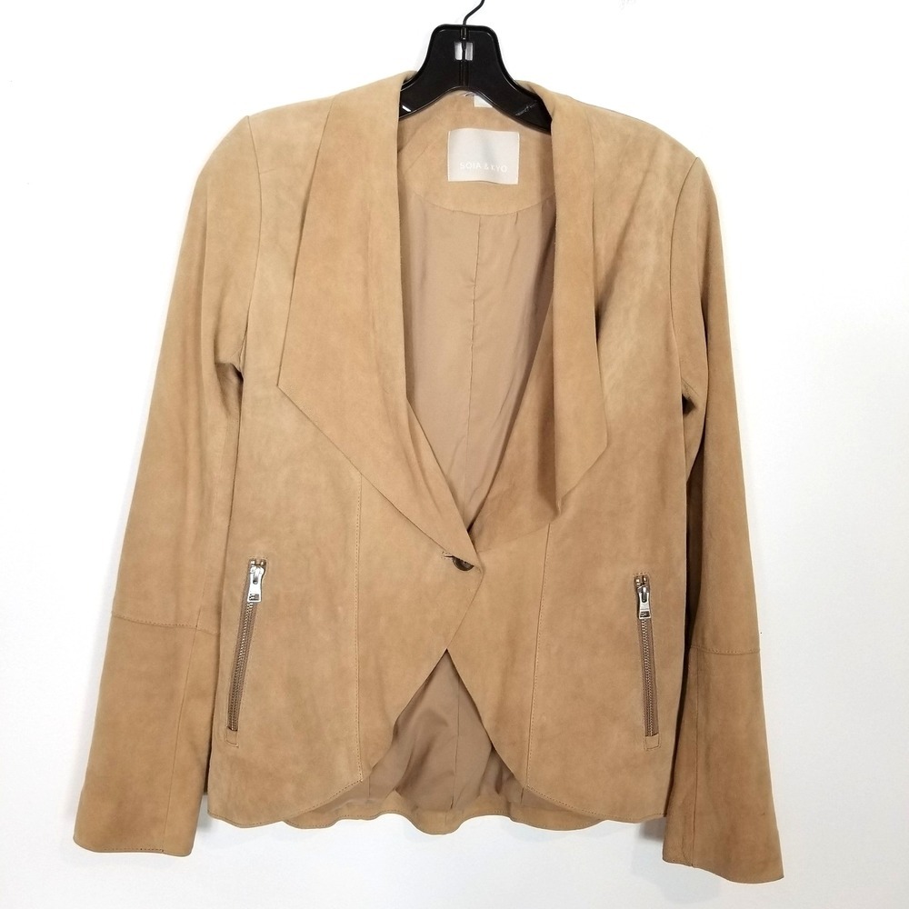 Soia & Kyo Women Genuine Lambs Suede Jacket Sz XS Beige One Button Pockets